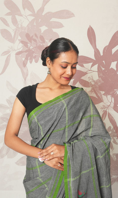 Grey & Green Bird Bengal Cotton Saree Without Blouse Piece