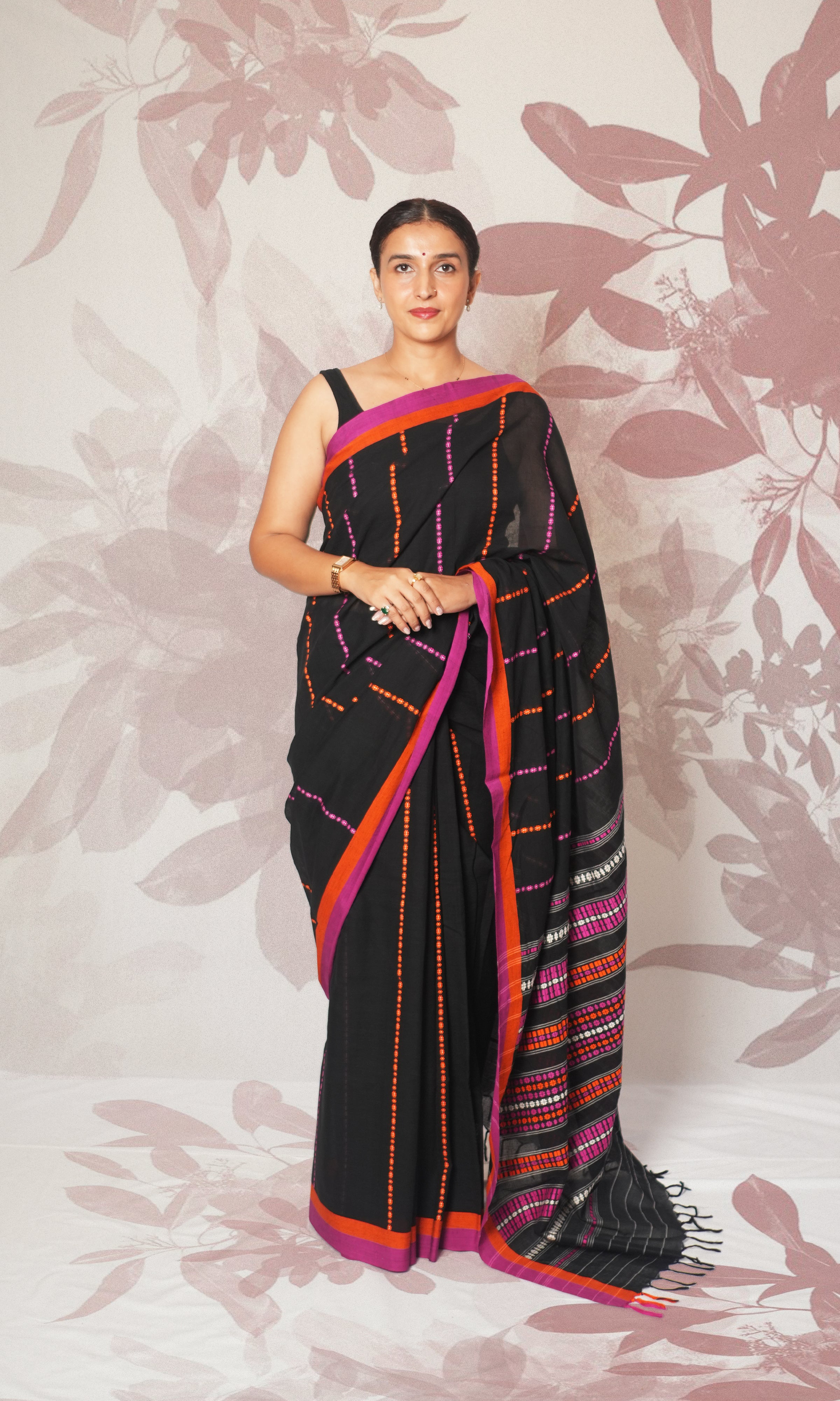 Black Pink & Orange Cotton Begumpuri Saree Without Blouse Piece