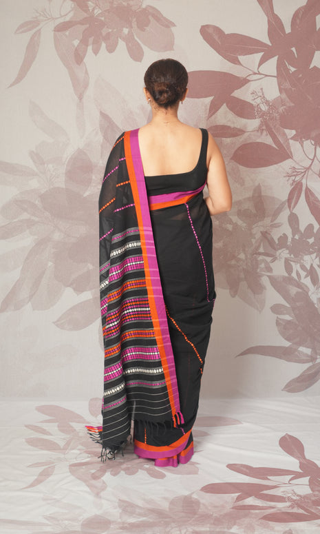 Black Pink & Orange Cotton Begumpuri Saree Without Blouse Piece