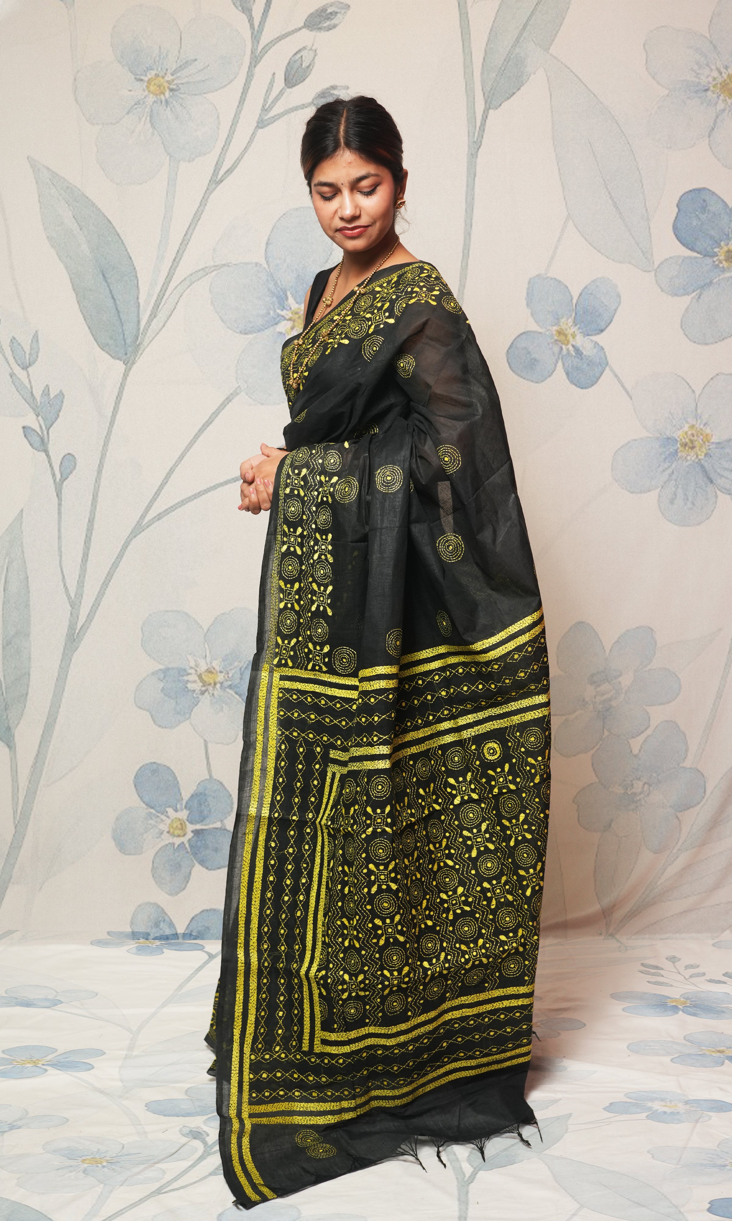 Yellow Katha Work On Black Cotton Saree