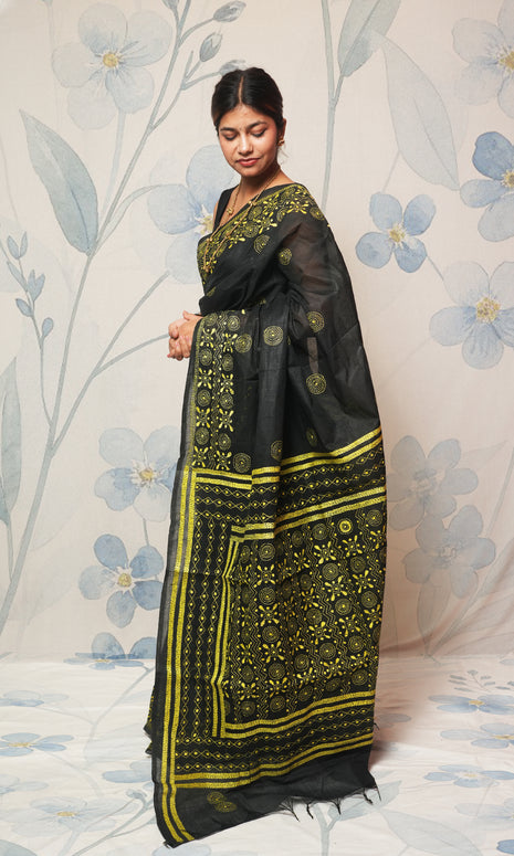 Yellow Katha Work On Black Cotton Saree