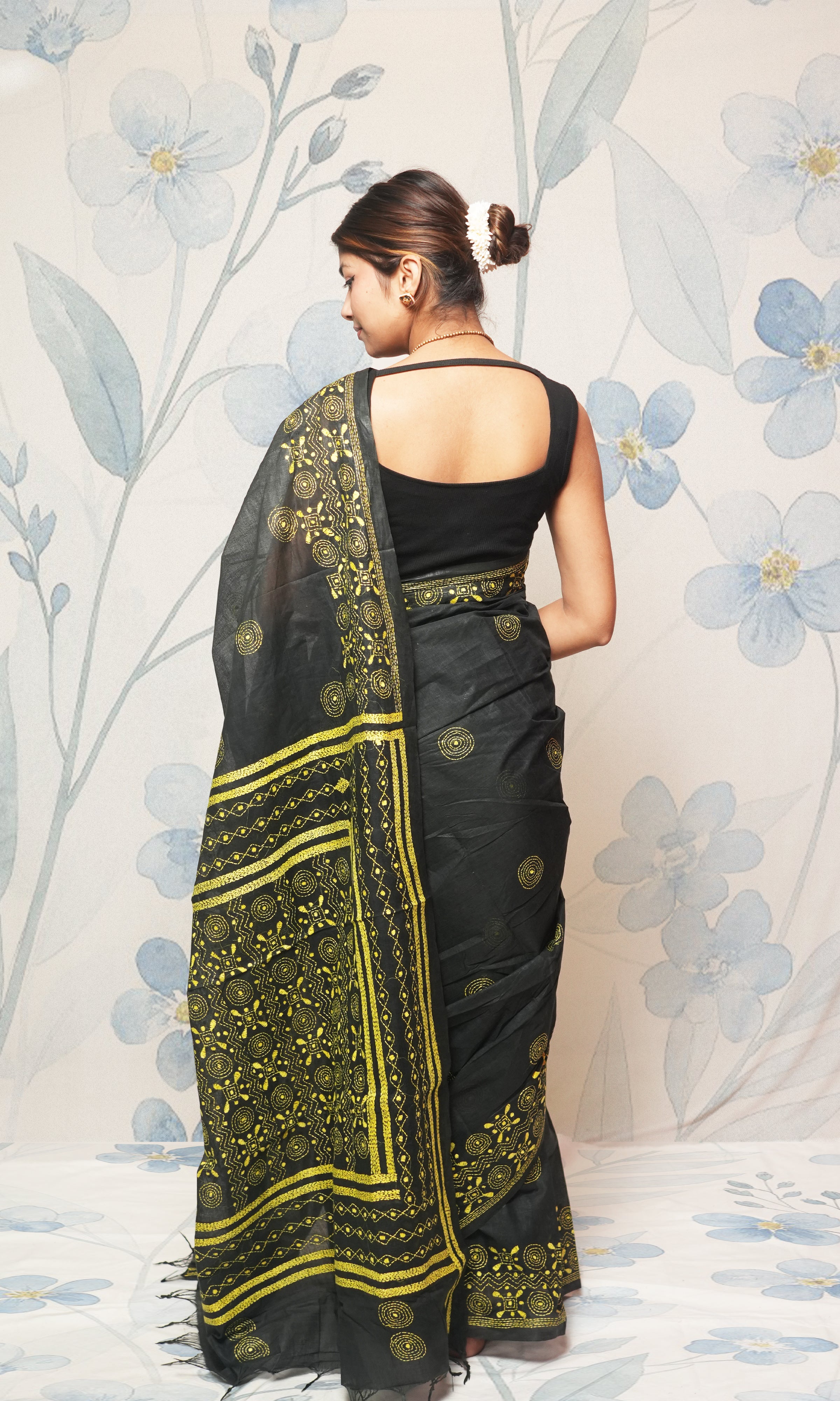 Yellow Katha Work On Black Cotton Saree