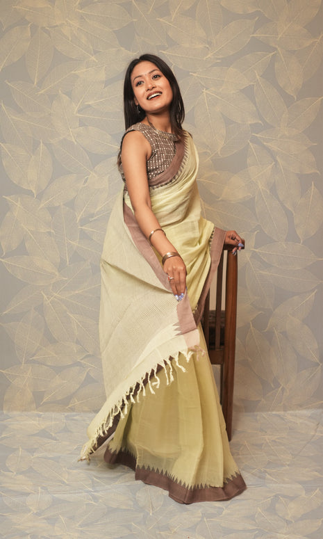 Light Lemon Green Earthy Brown Border Ponduru Khadi Saree