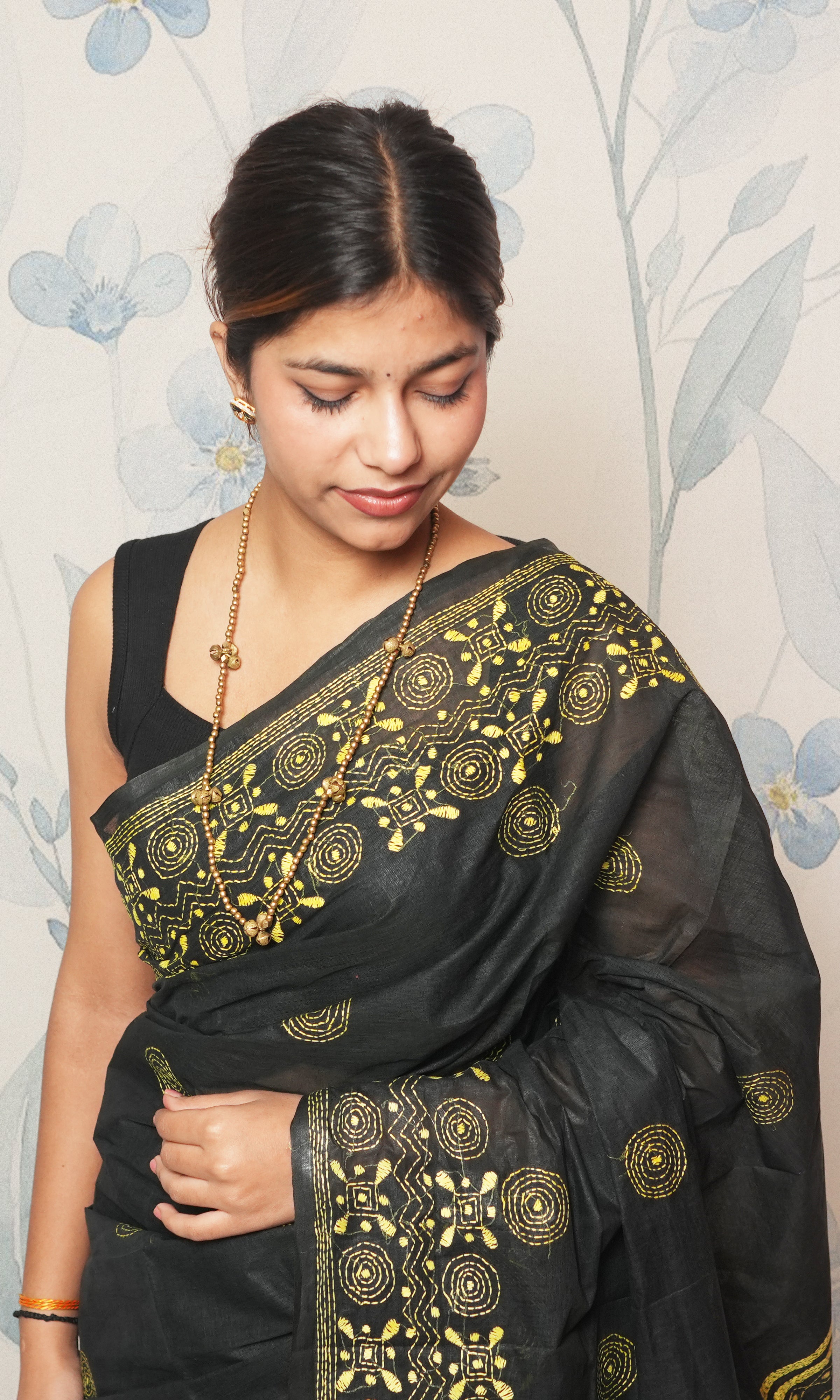 Yellow Katha Work On Black Cotton Saree