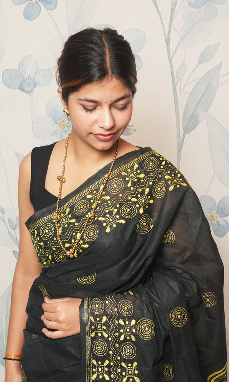 Yellow Katha Work On Black Cotton Saree