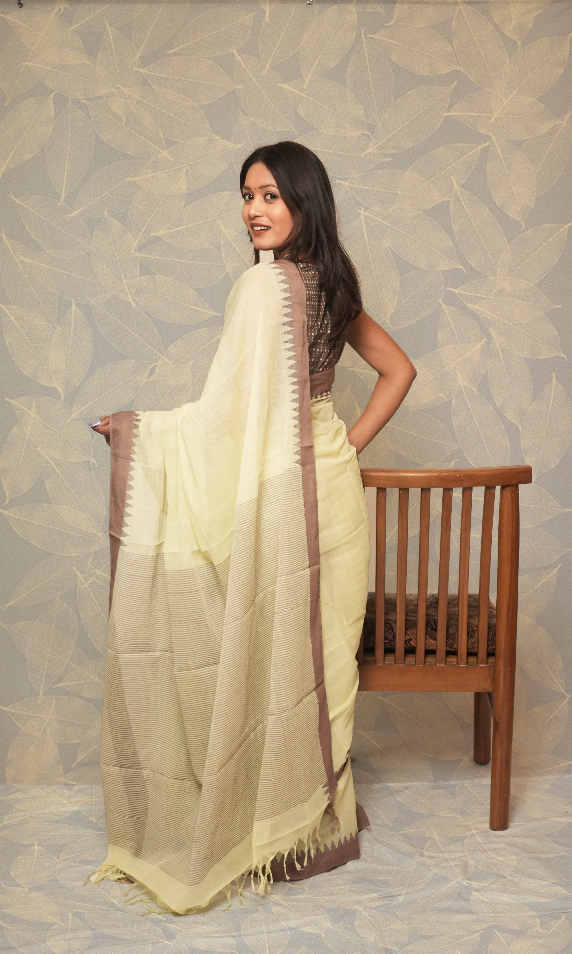 Light Lemon Green Earthy Brown Border Ponduru Khadi Saree