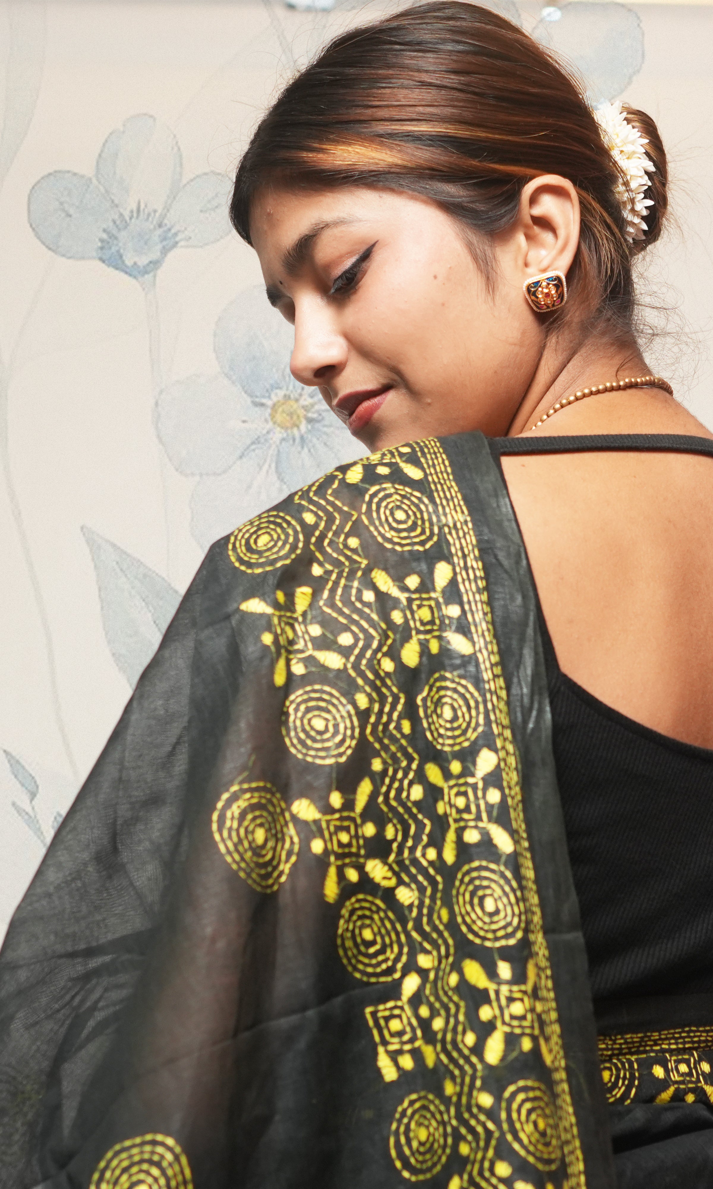 Yellow Katha Work On Black Cotton Saree