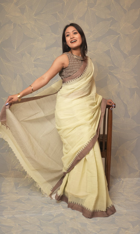 Light Lemon Green Earthy Brown Border Ponduru Khadi Saree