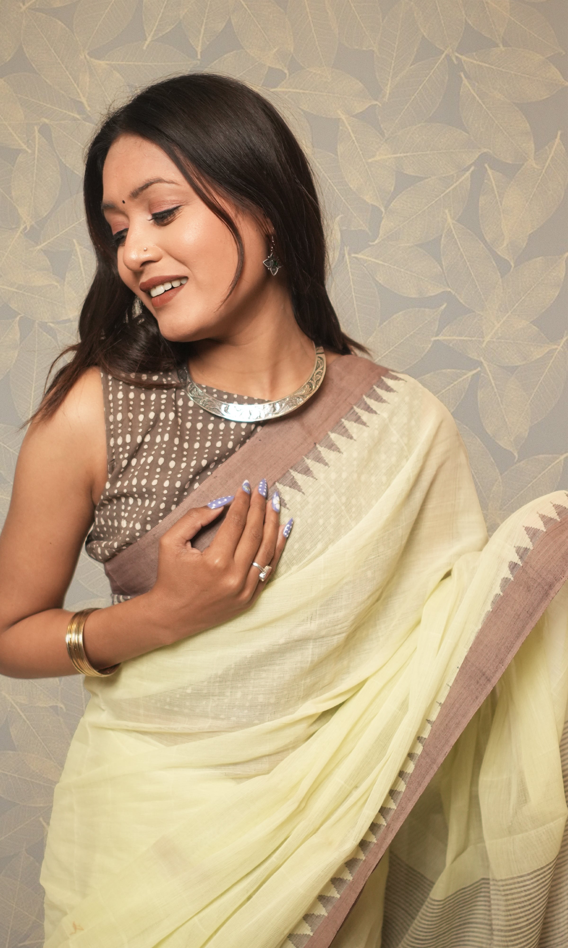 Light Lemon Green Earthy Brown Border Ponduru Khadi Saree