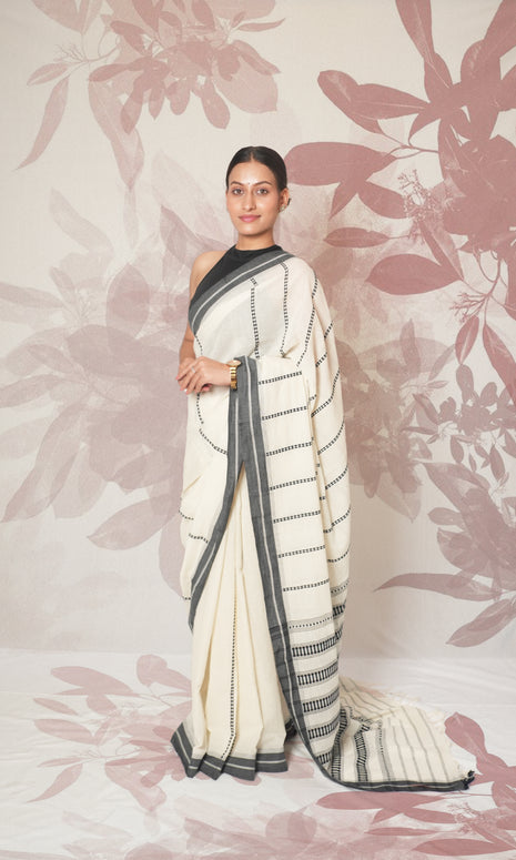 White & Black Cotton Begumpuri Saree Without Blouse Piece