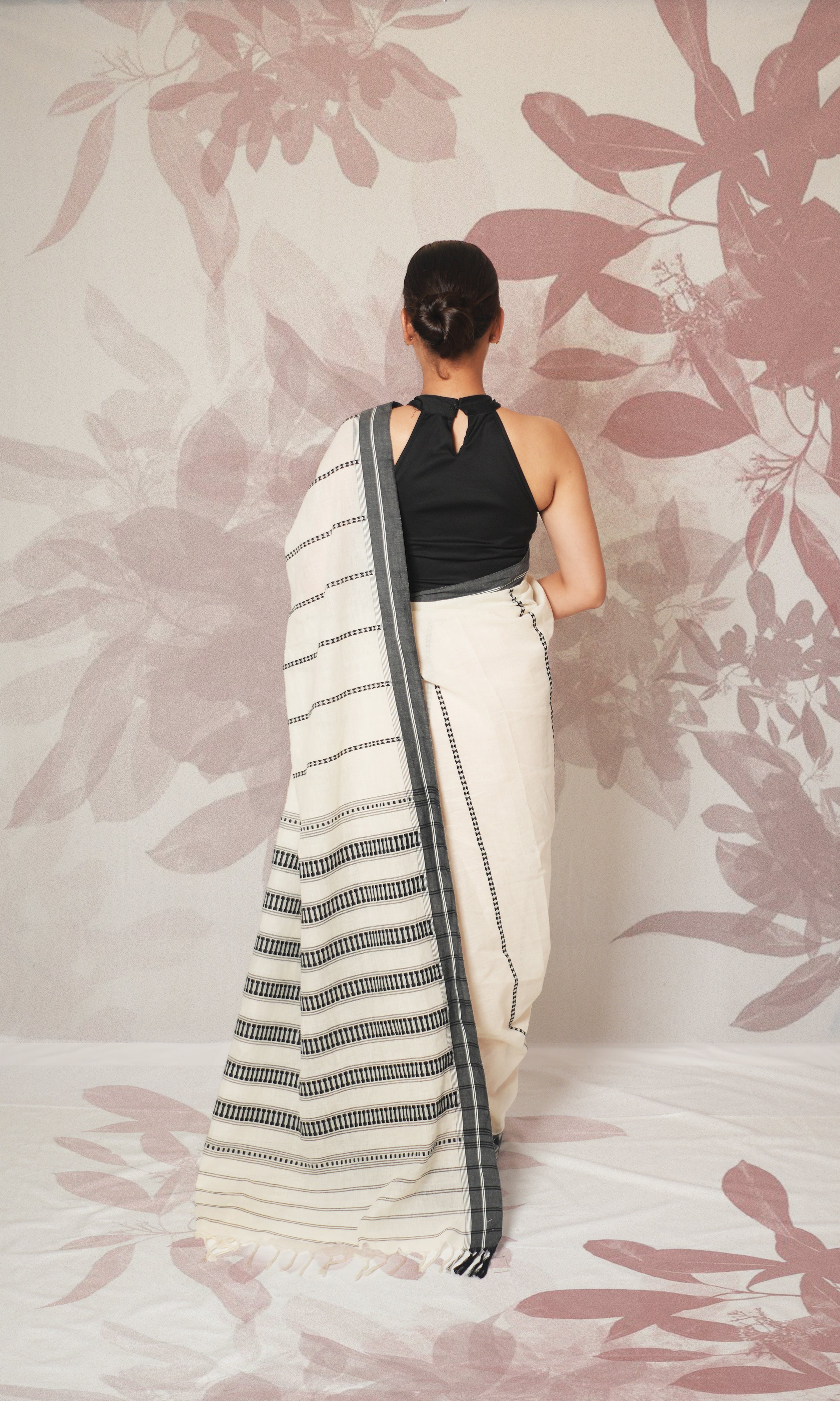 White & Black Cotton Begumpuri Saree Without Blouse Piece