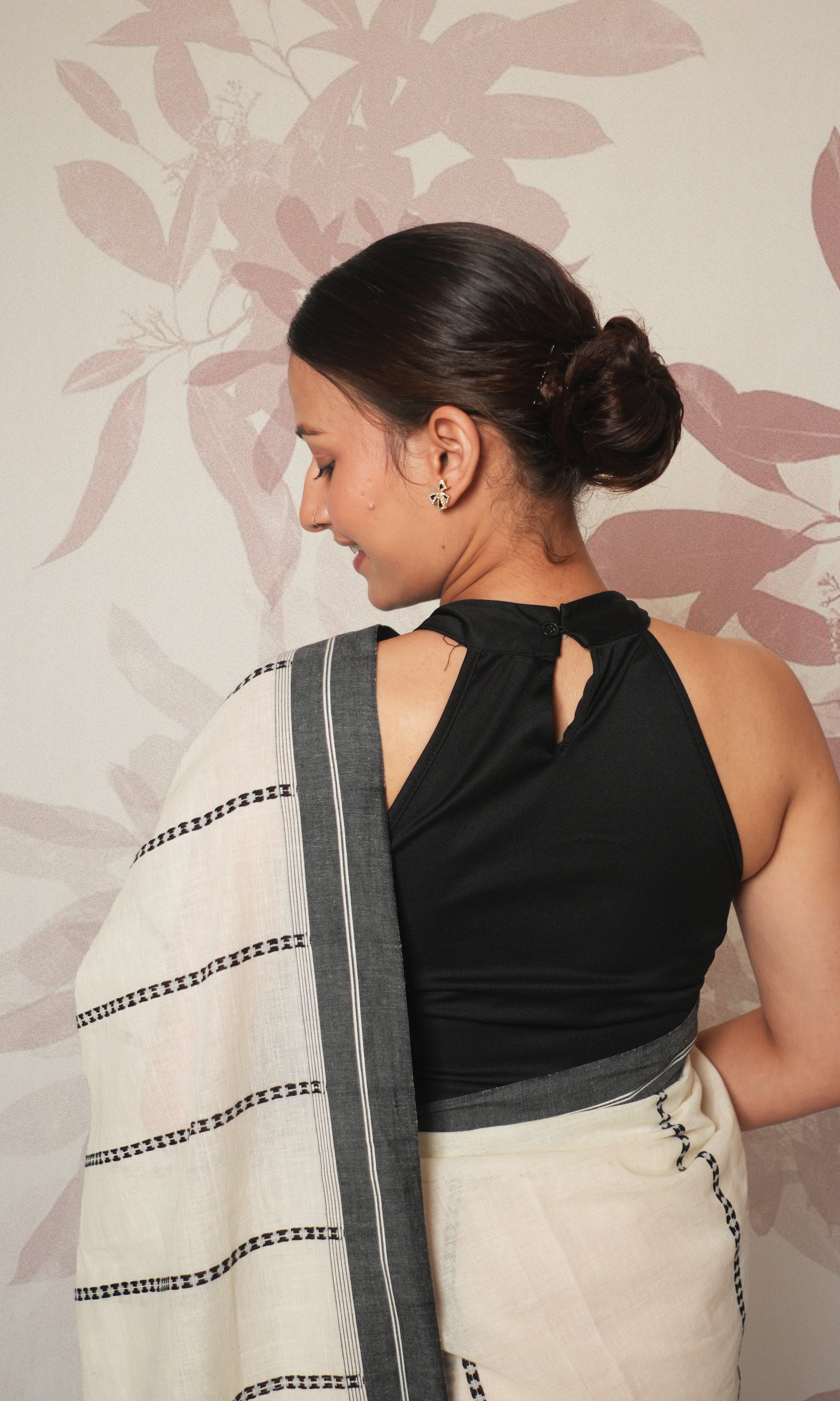 White & Black Cotton Begumpuri Saree Without Blouse Piece