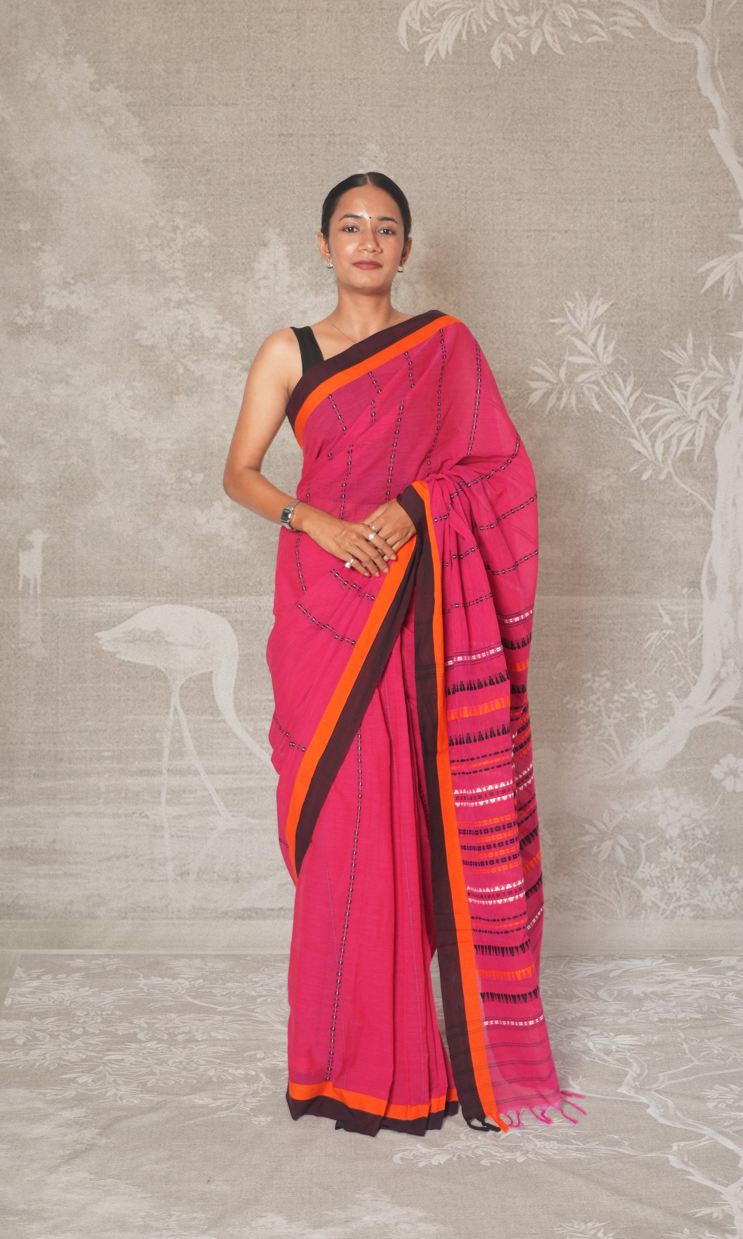 Pink Orange & Black Cotton Begumpuri Saree Without Blouse Piece