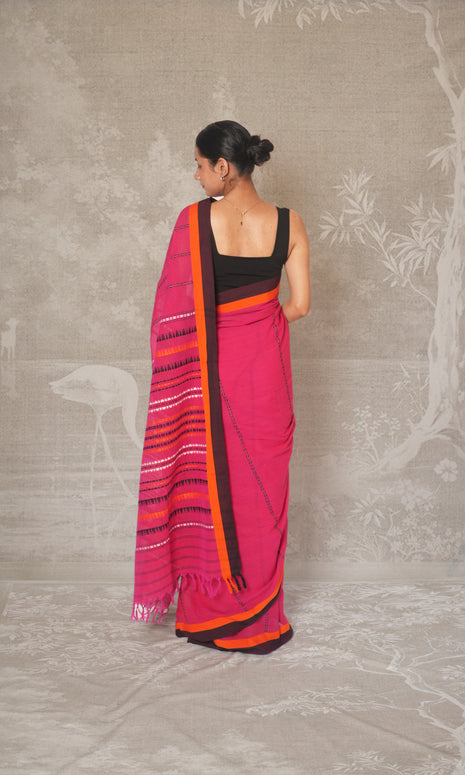 Pink Orange & Black Cotton Begumpuri Saree Without Blouse Piece