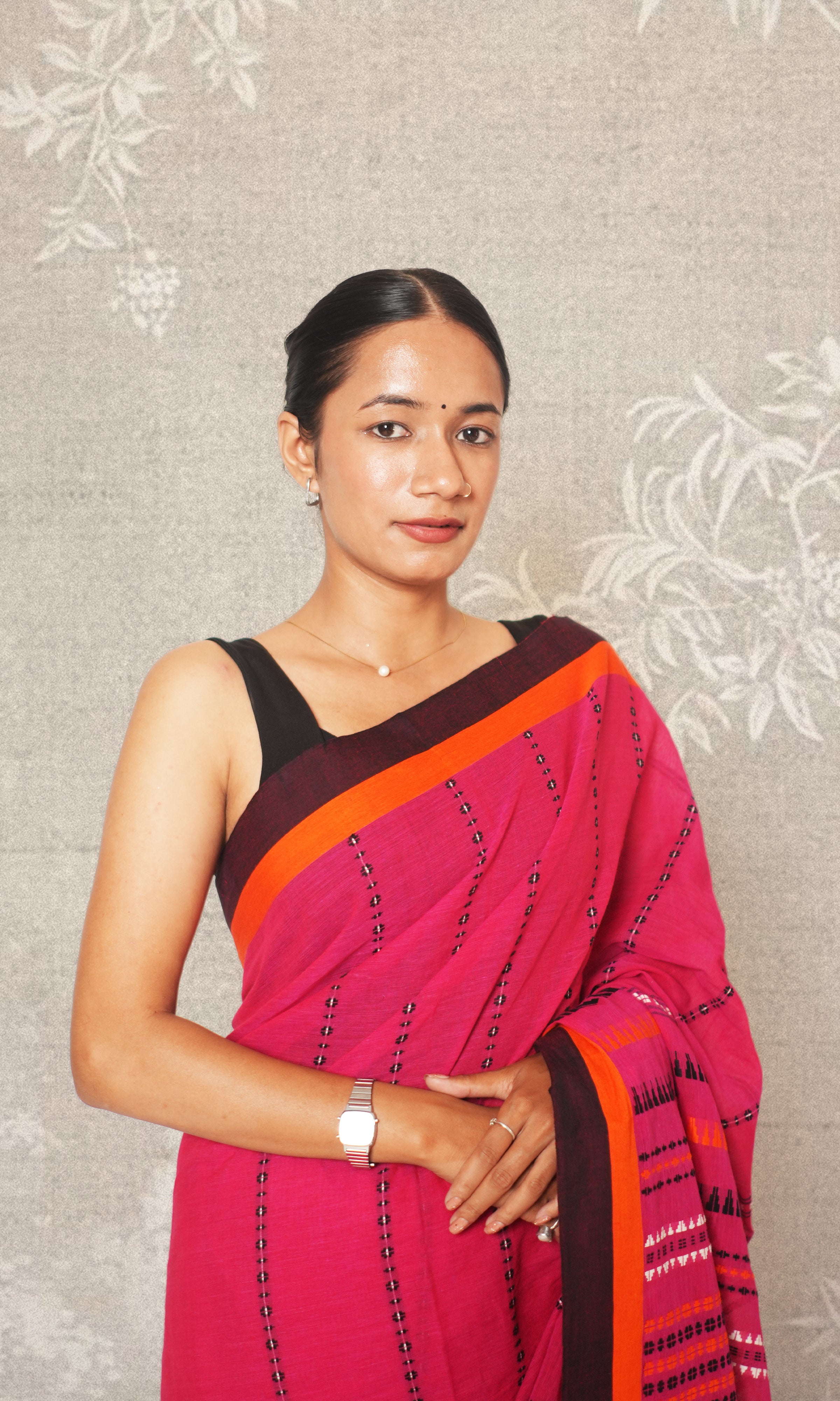 Pink Orange & Black Cotton Begumpuri Saree Without Blouse Piece