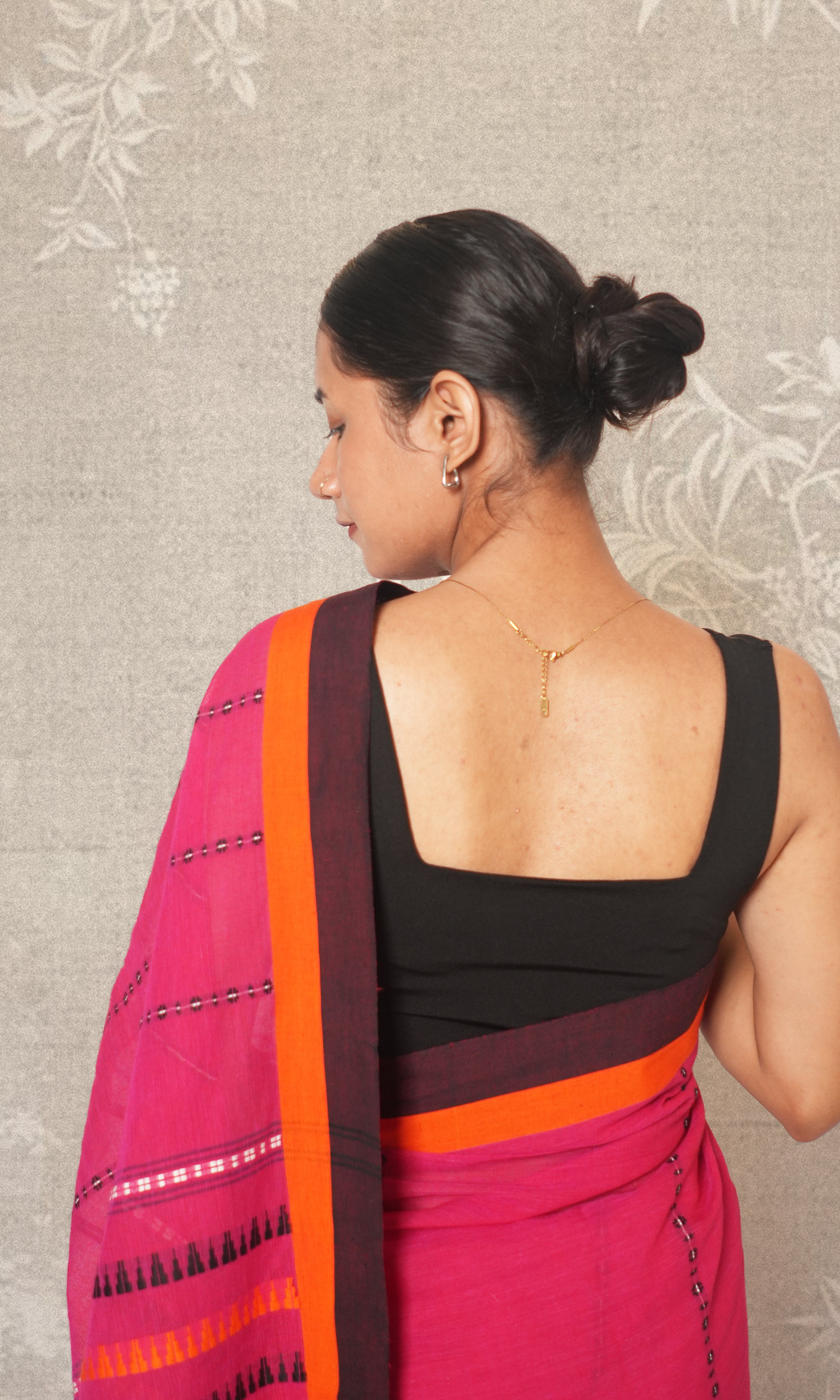 Pink Orange & Black Cotton Begumpuri Saree Without Blouse Piece