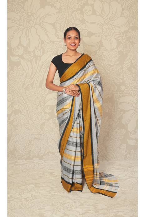 Black & Mustard Stripe, Grey Dhonekhali Cotton Saree Without Blouse Piece