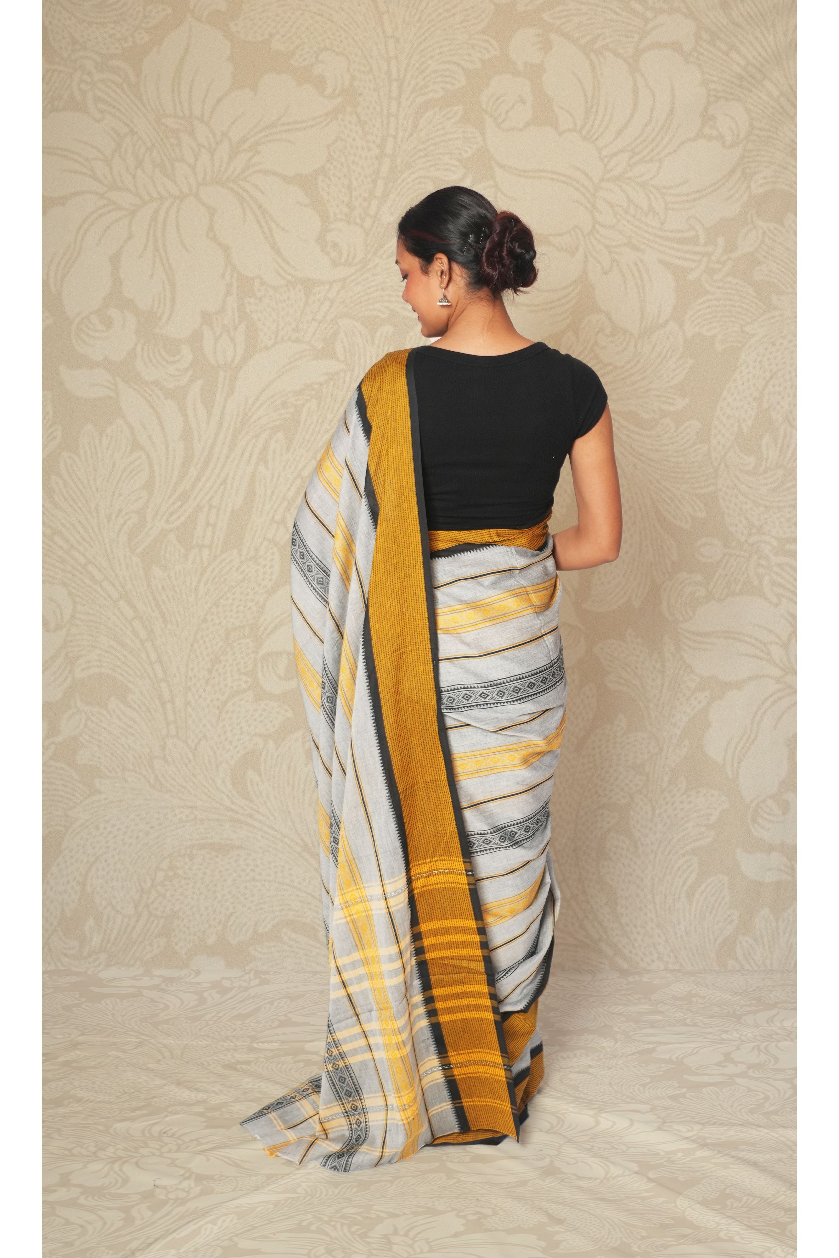 Black & Mustard Stripe, Grey Dhonekhali Cotton Saree Without Blouse Piece