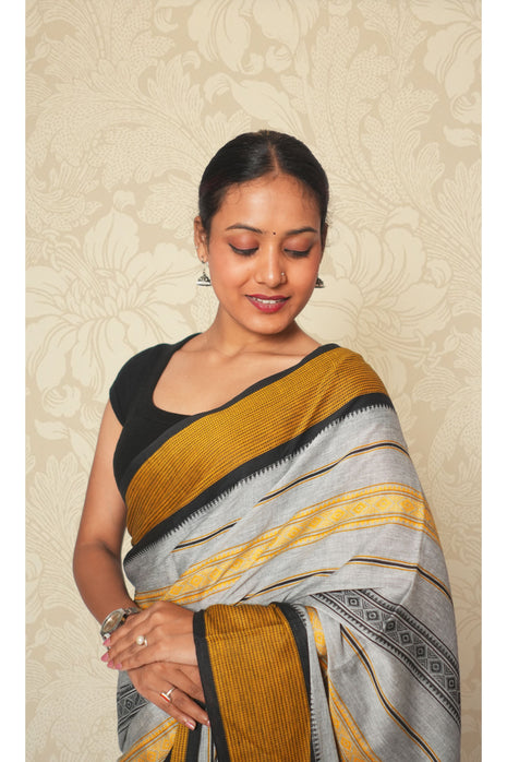 Black & Mustard Stripe, Grey Dhonekhali Cotton Saree Without Blouse Piece