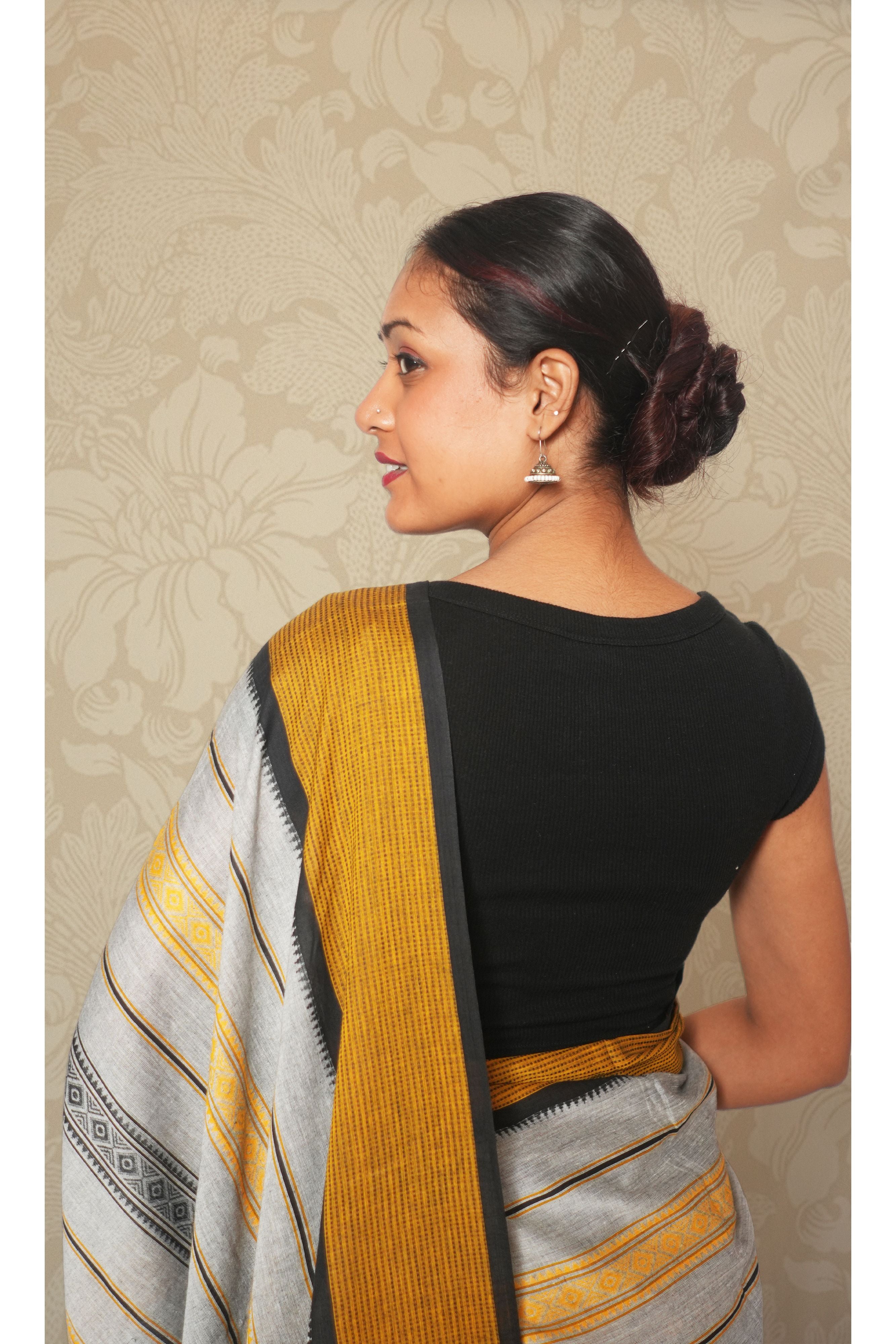 Black & Mustard Stripe, Grey Dhonekhali Cotton Saree Without Blouse Piece