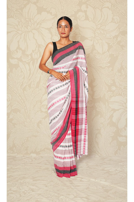 Black & Red Woven Stripes Dhonekhali Cotton Saree Without blouse
