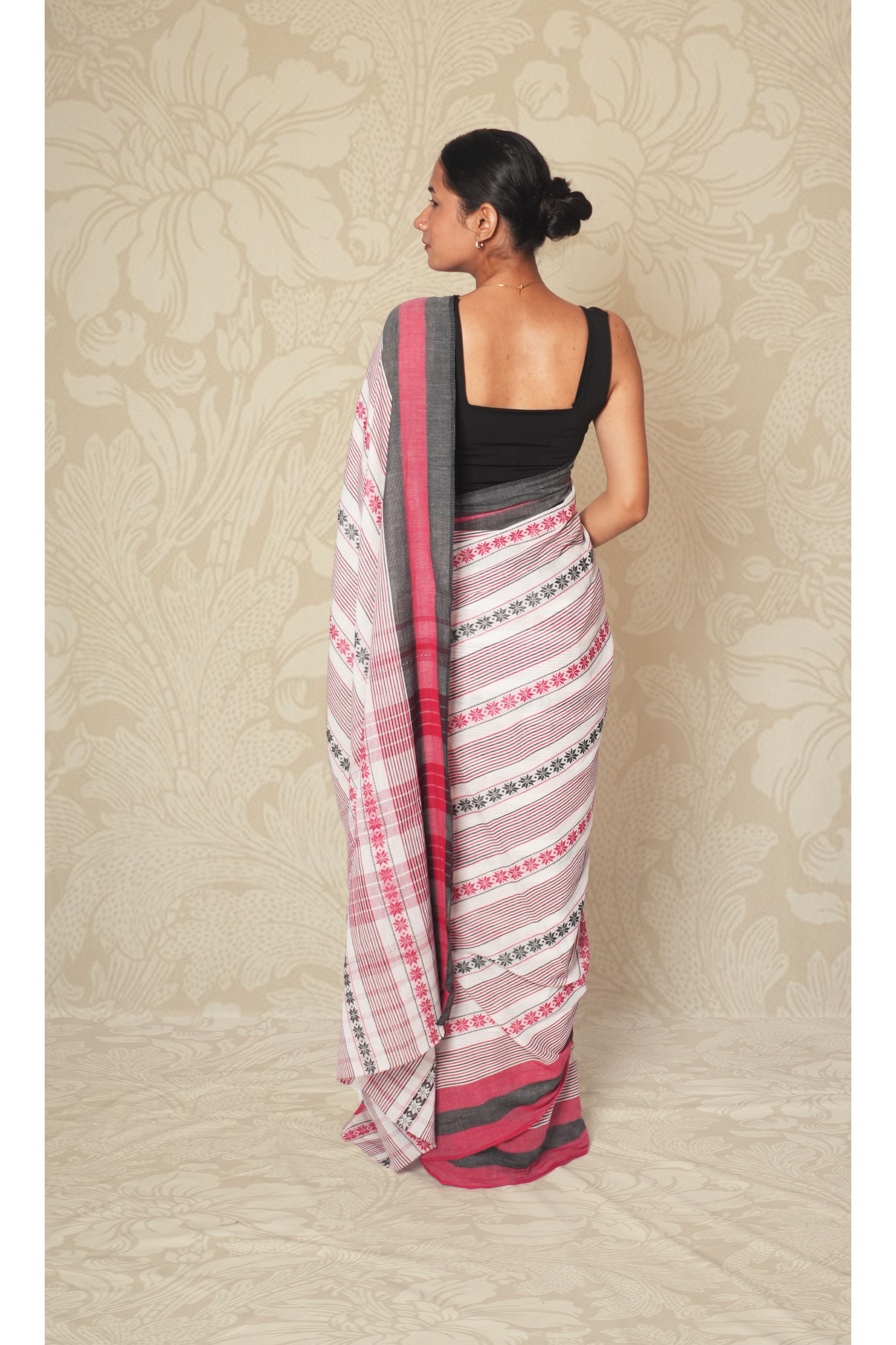 Black & Red Woven Stripes Dhonekhali Cotton Saree Without blouse
