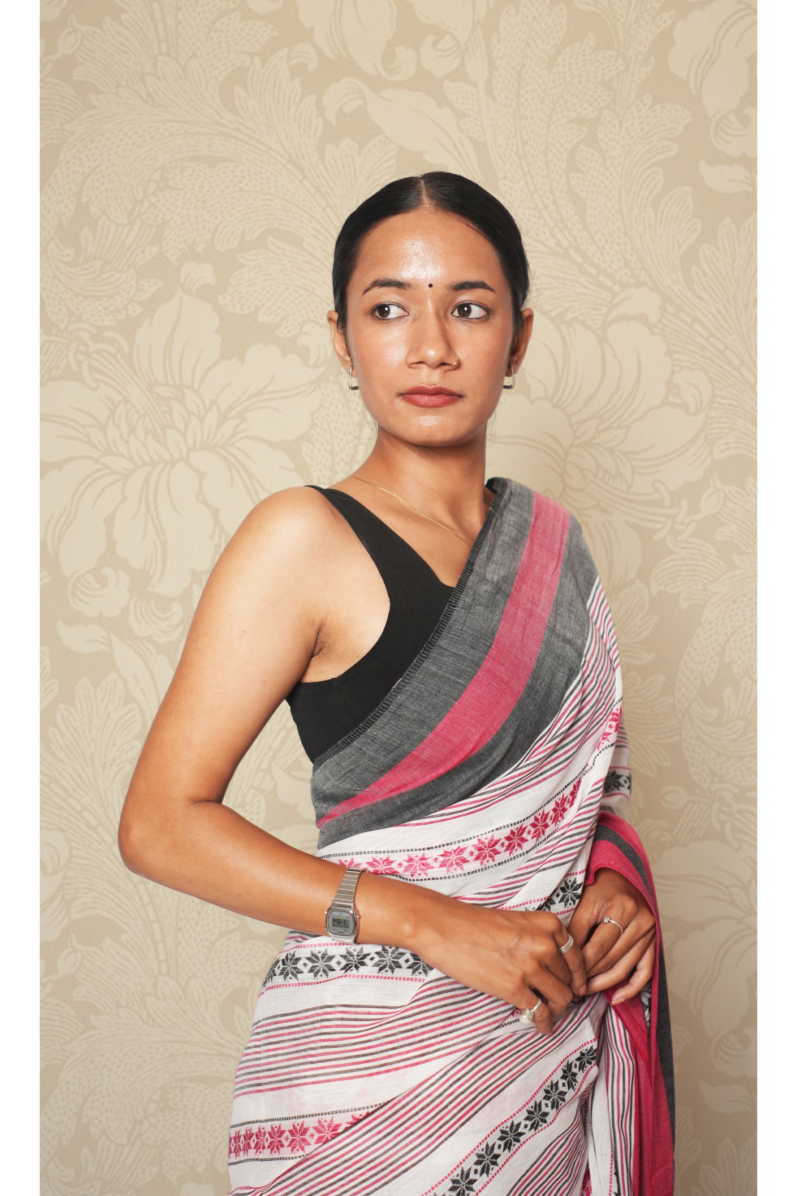 Black & Red Woven Stripes Dhonekhali Cotton Saree Without blouse