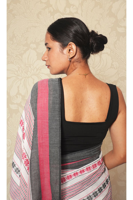 Black & Red Woven Stripes Dhonekhali Cotton Saree Without blouse