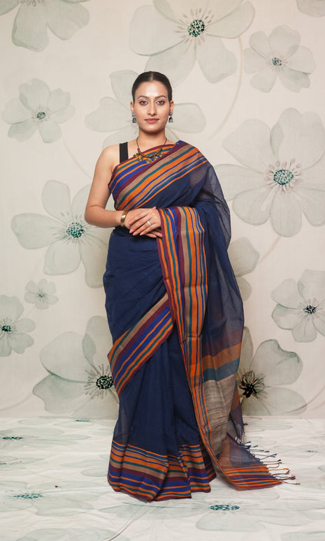 Blue And Multicolor Border With Gicha Palla Fulia Cotton Saree