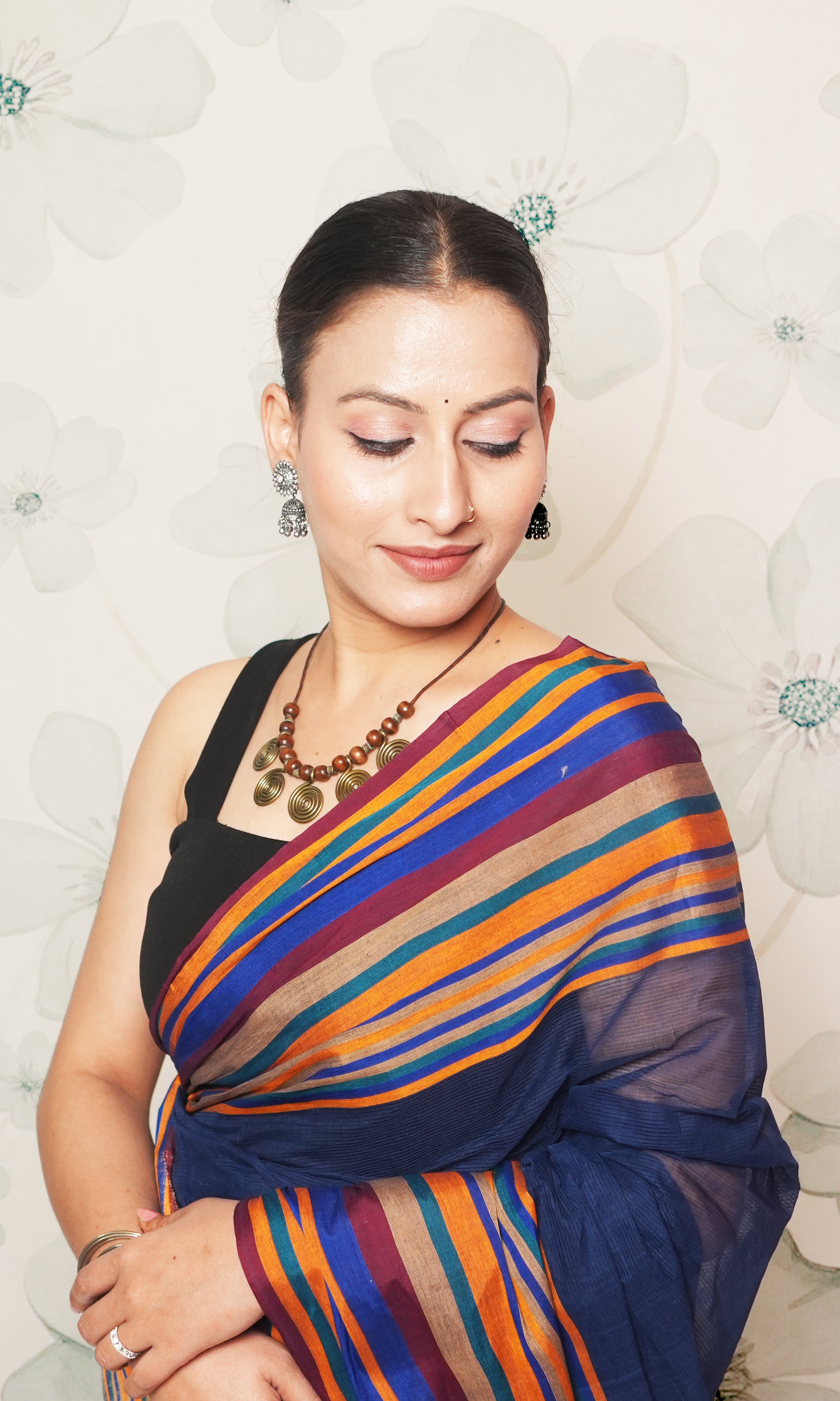 Blue And Multicolor Border With Gicha Palla Fulia Cotton Saree