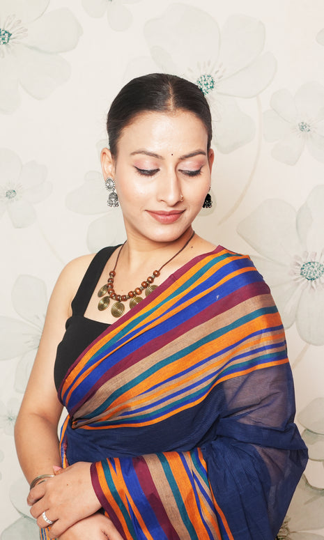 Blue And Multicolor Border With Gicha Palla Fulia Cotton Saree