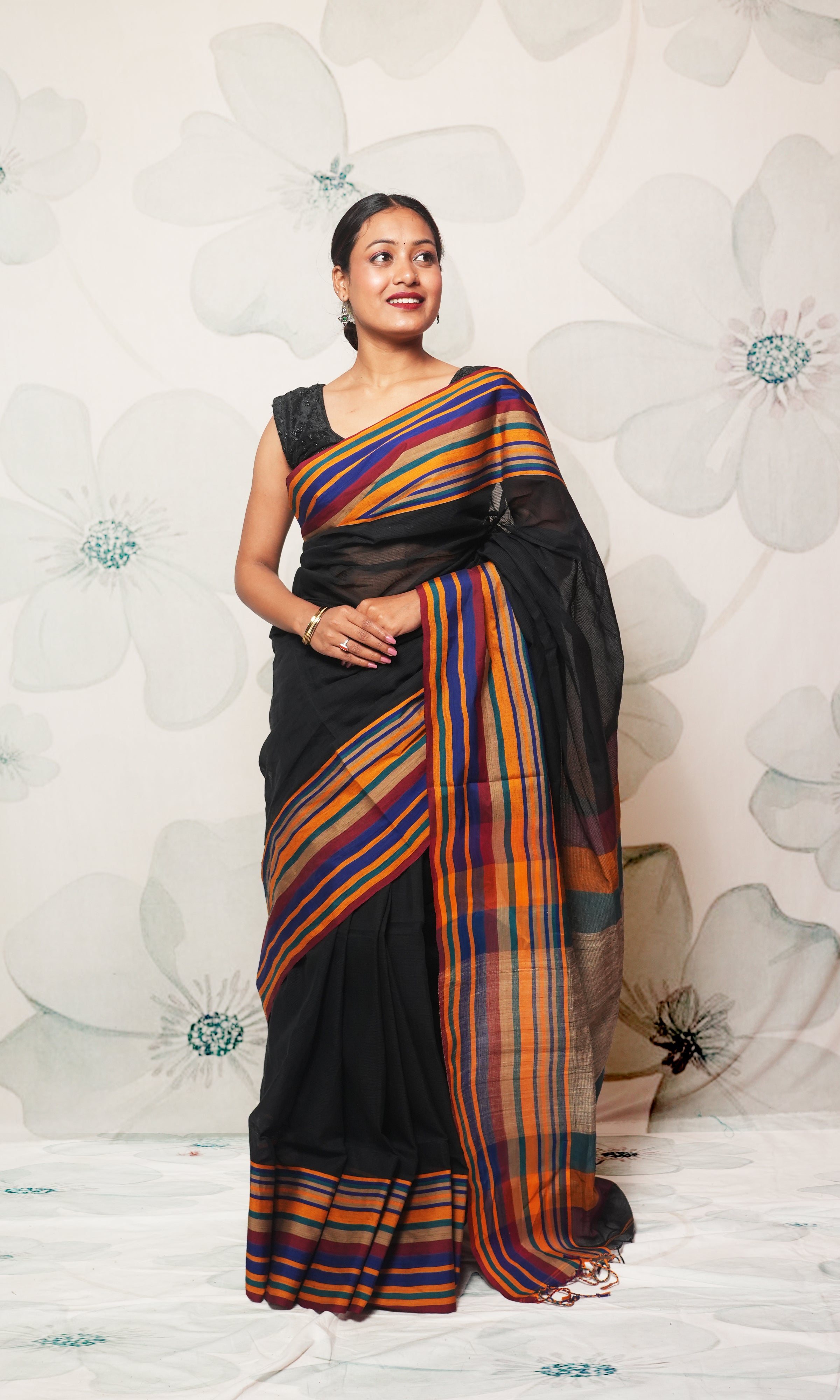Black And Multicolor Border With Gicha Palla Fulia Cotton Saree