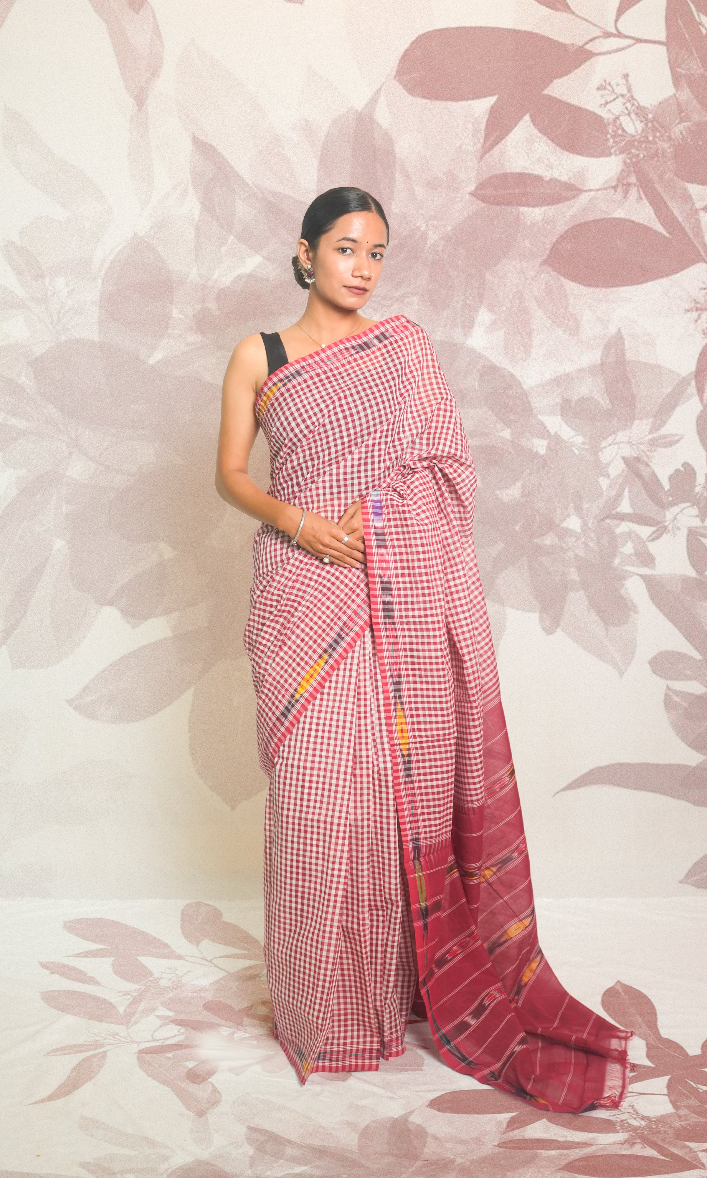 Red & White Check With Ikkat Border Godavari Saree With Blouse Piece