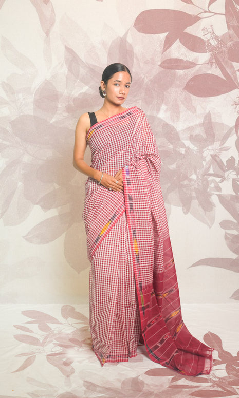 Red & White Check With Ikkat Border Godavari Saree With Blouse Piece