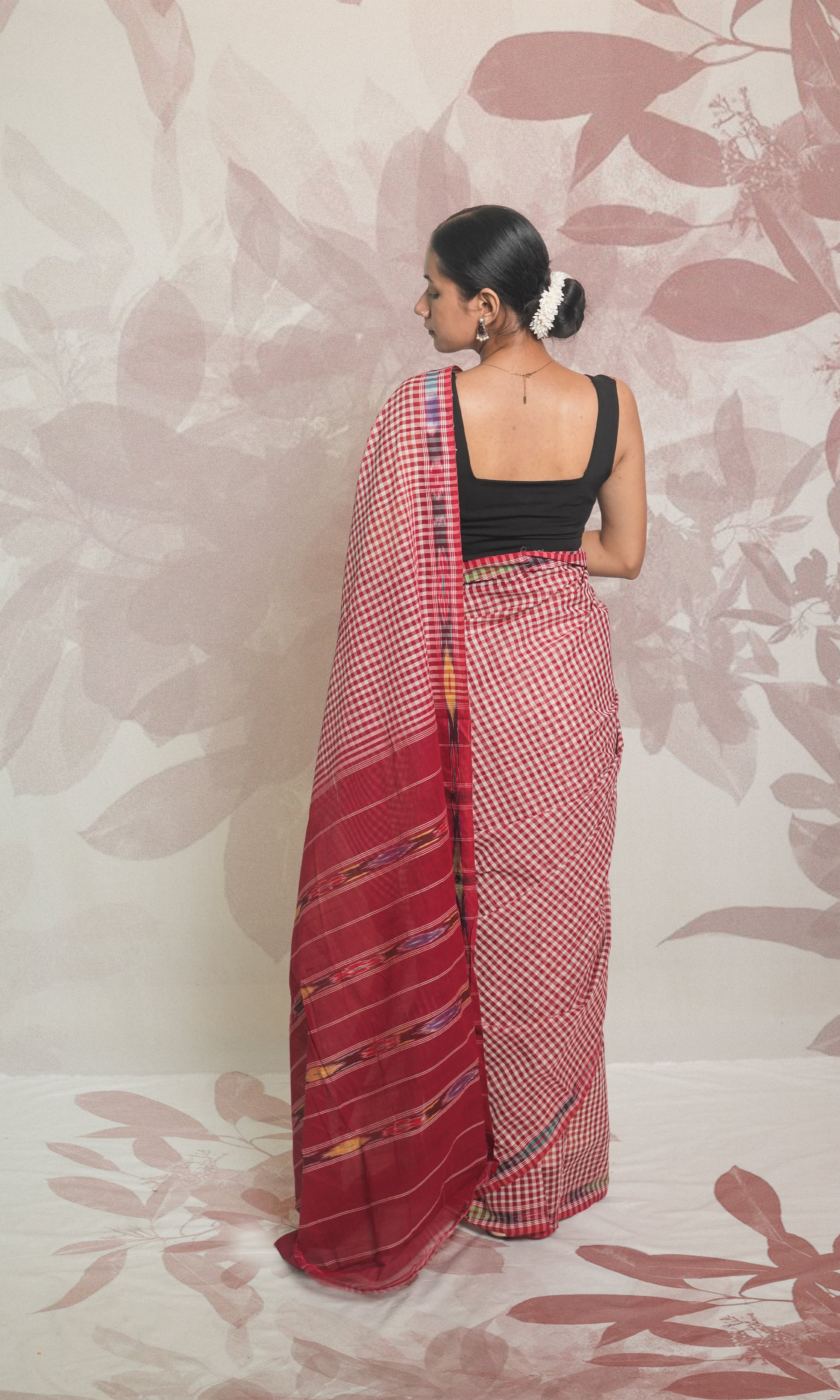 Red & White Check With Ikkat Border Godavari Saree With Blouse Piece