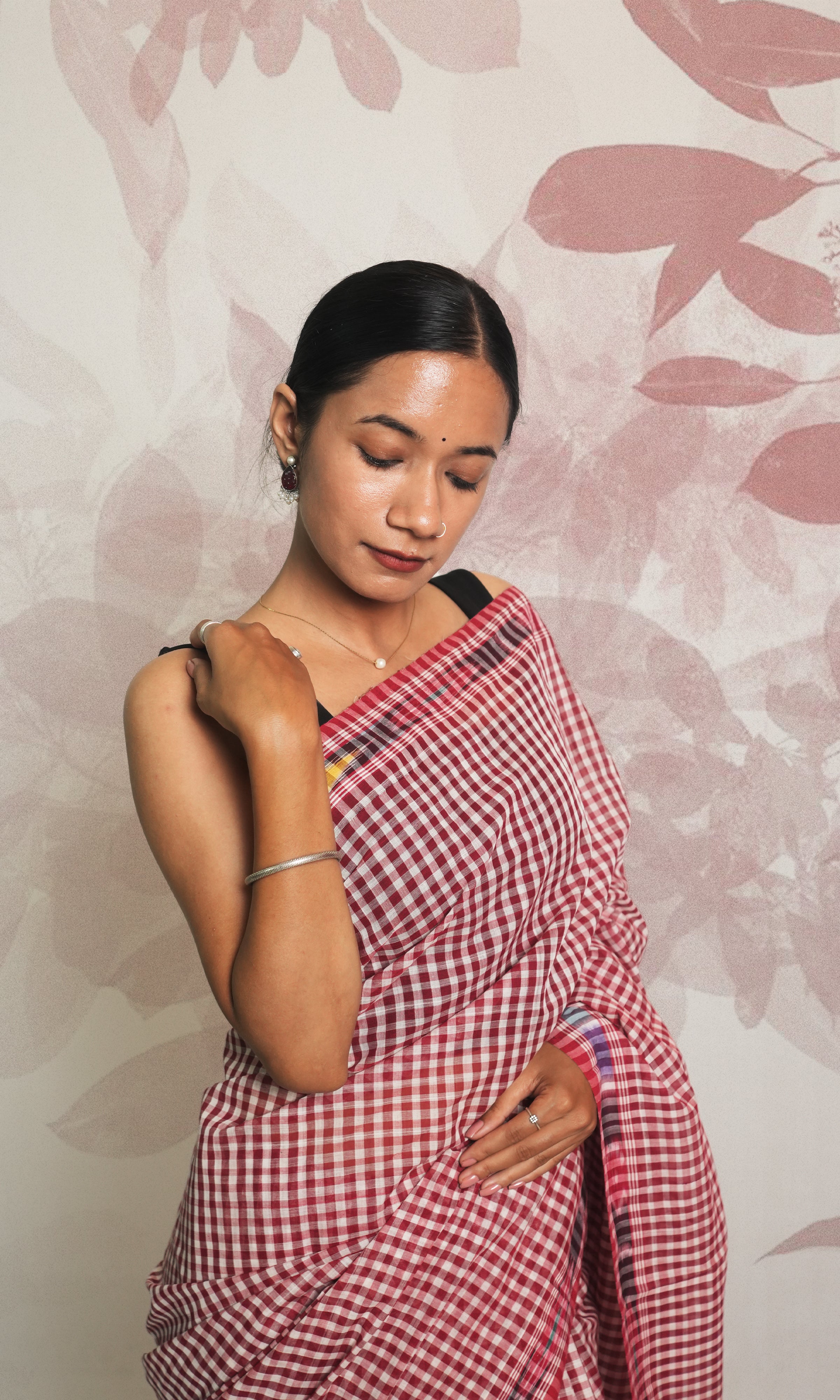 Red & White Check With Ikkat Border Godavari Saree With Blouse Piece