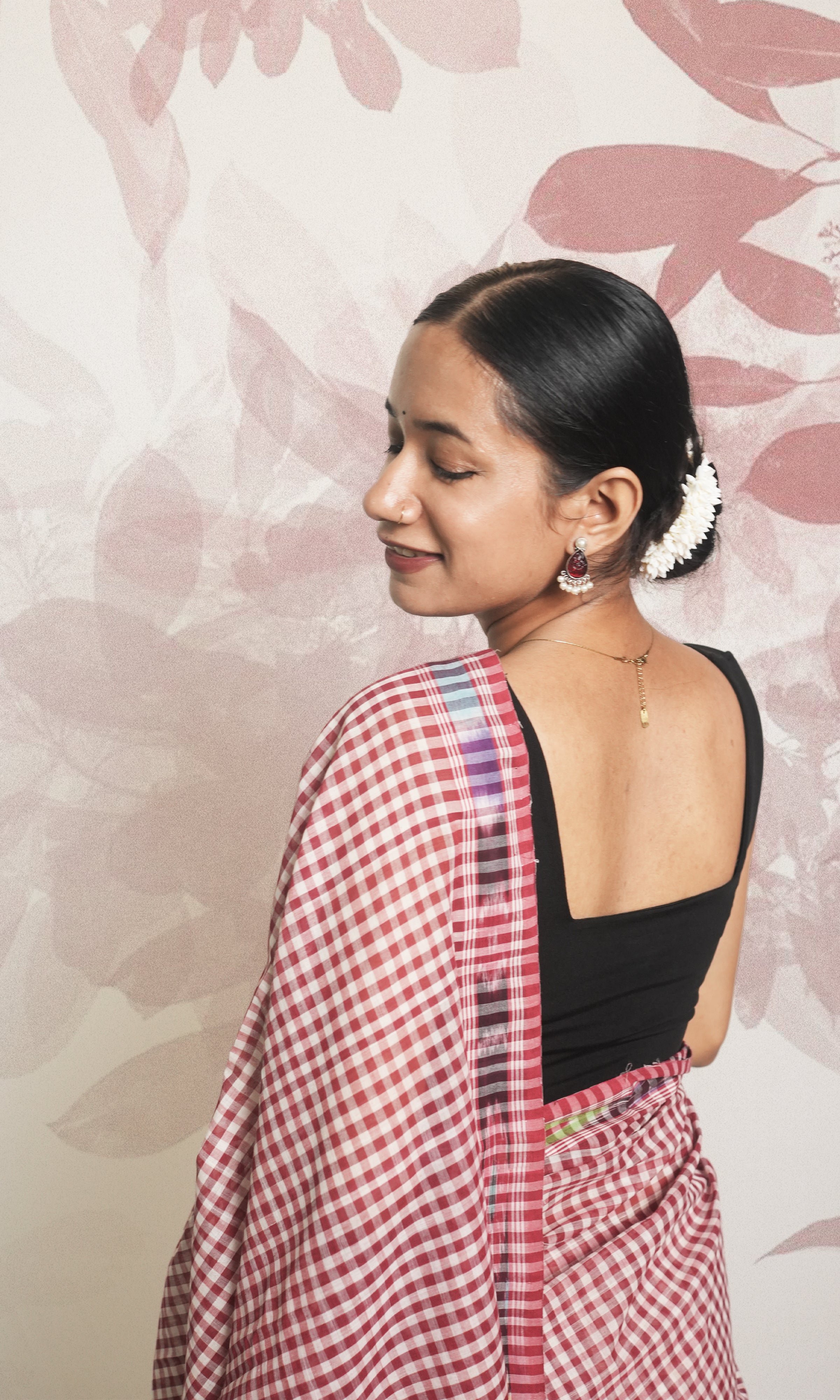 Red & White Check With Ikkat Border Godavari Saree With Blouse Piece