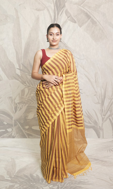 Yellow & Brown Stripe Godavari Saree With Blouse Piece