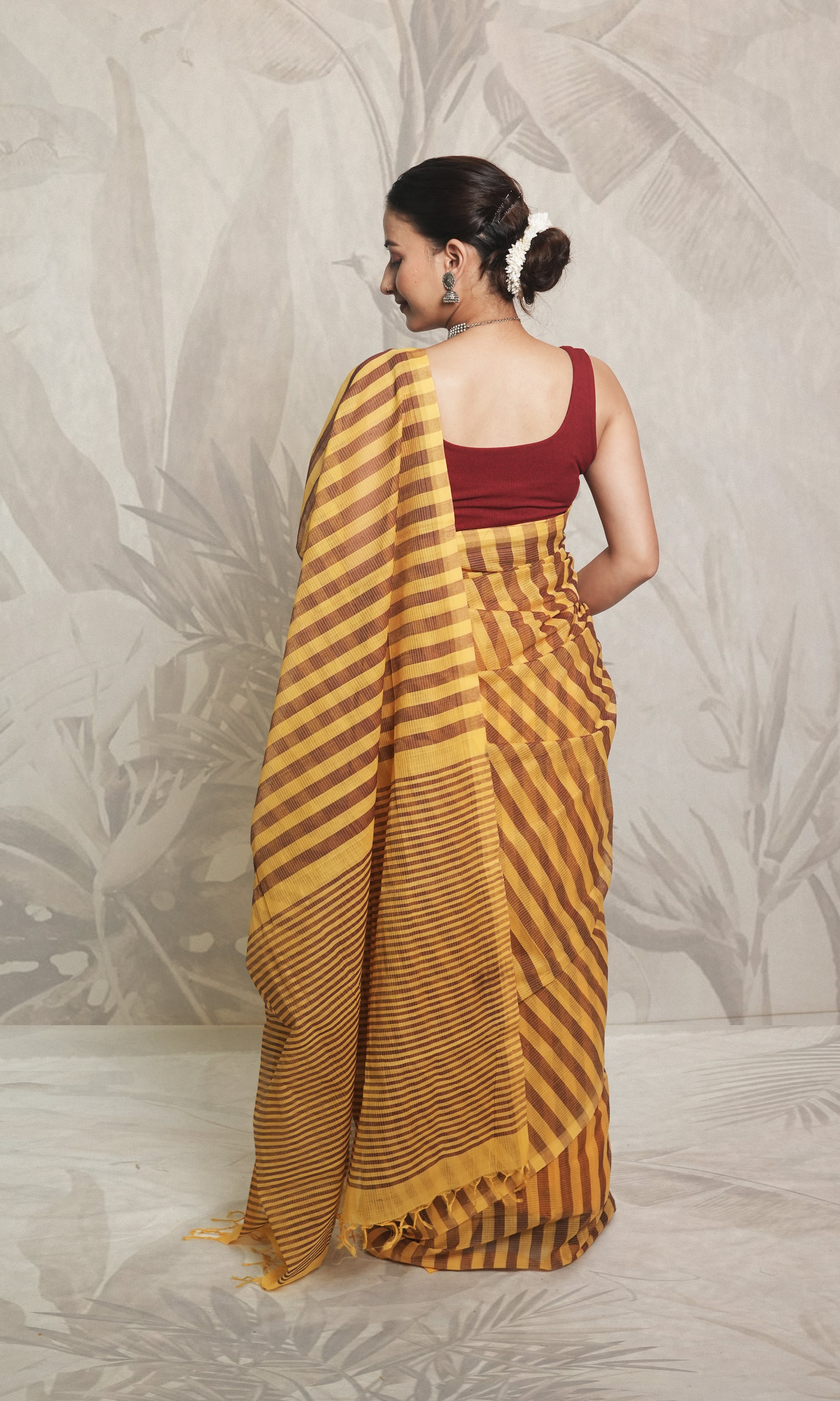 Yellow & Brown Stripe Godavari Saree With Blouse Piece
