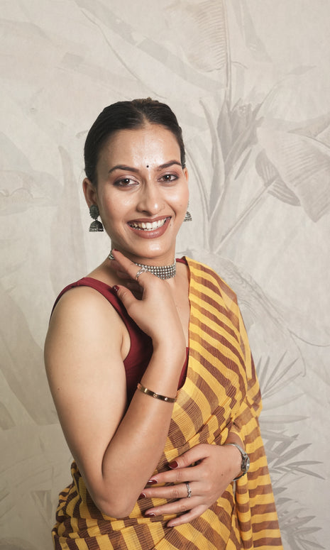 Yellow & Brown Stripe Godavari Saree With Blouse Piece