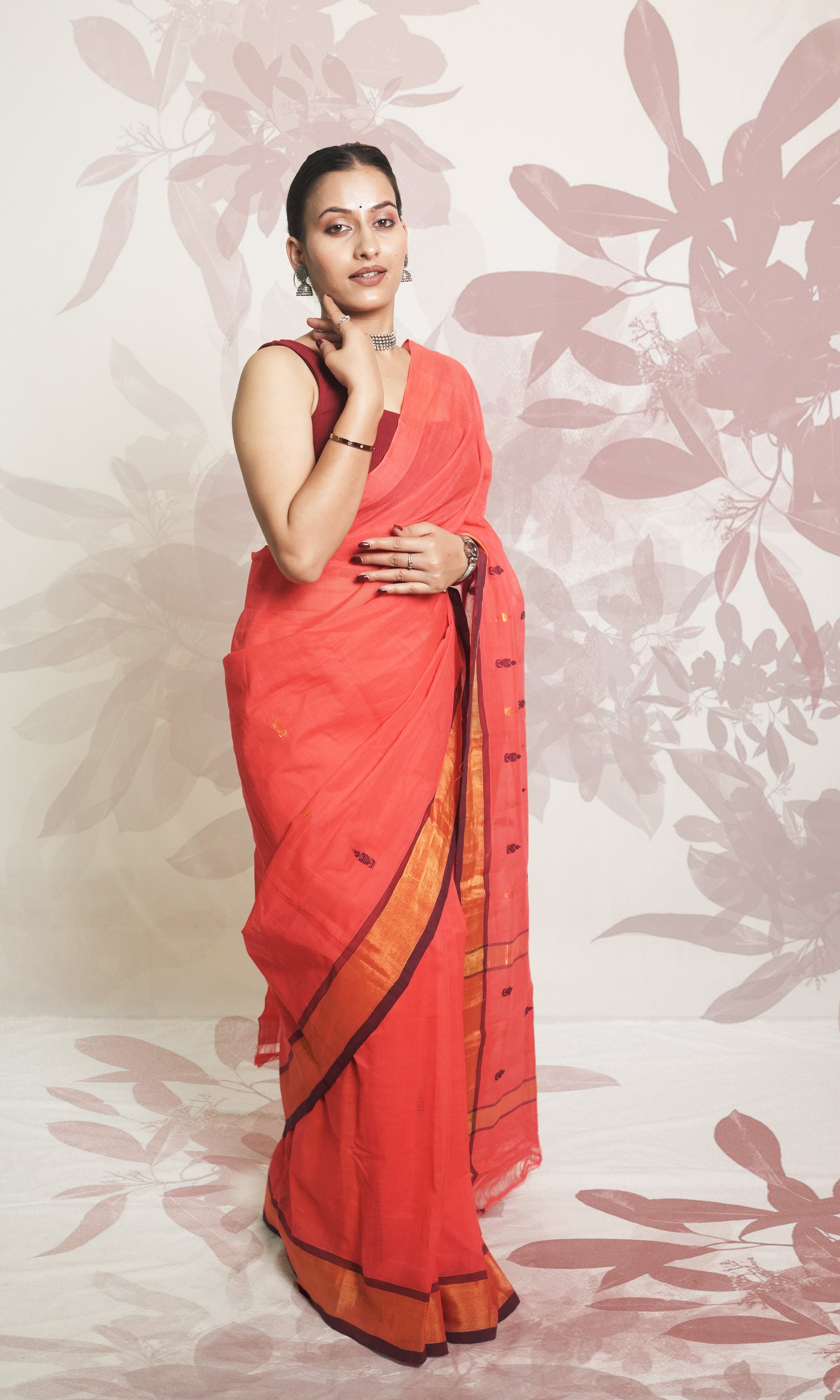 Vermillion Orange Zari Border Godavari Saree With Blouse Piece