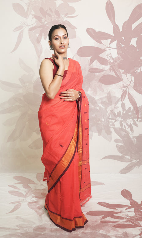 Vermillion Orange Zari Border Godavari Saree With Blouse Piece