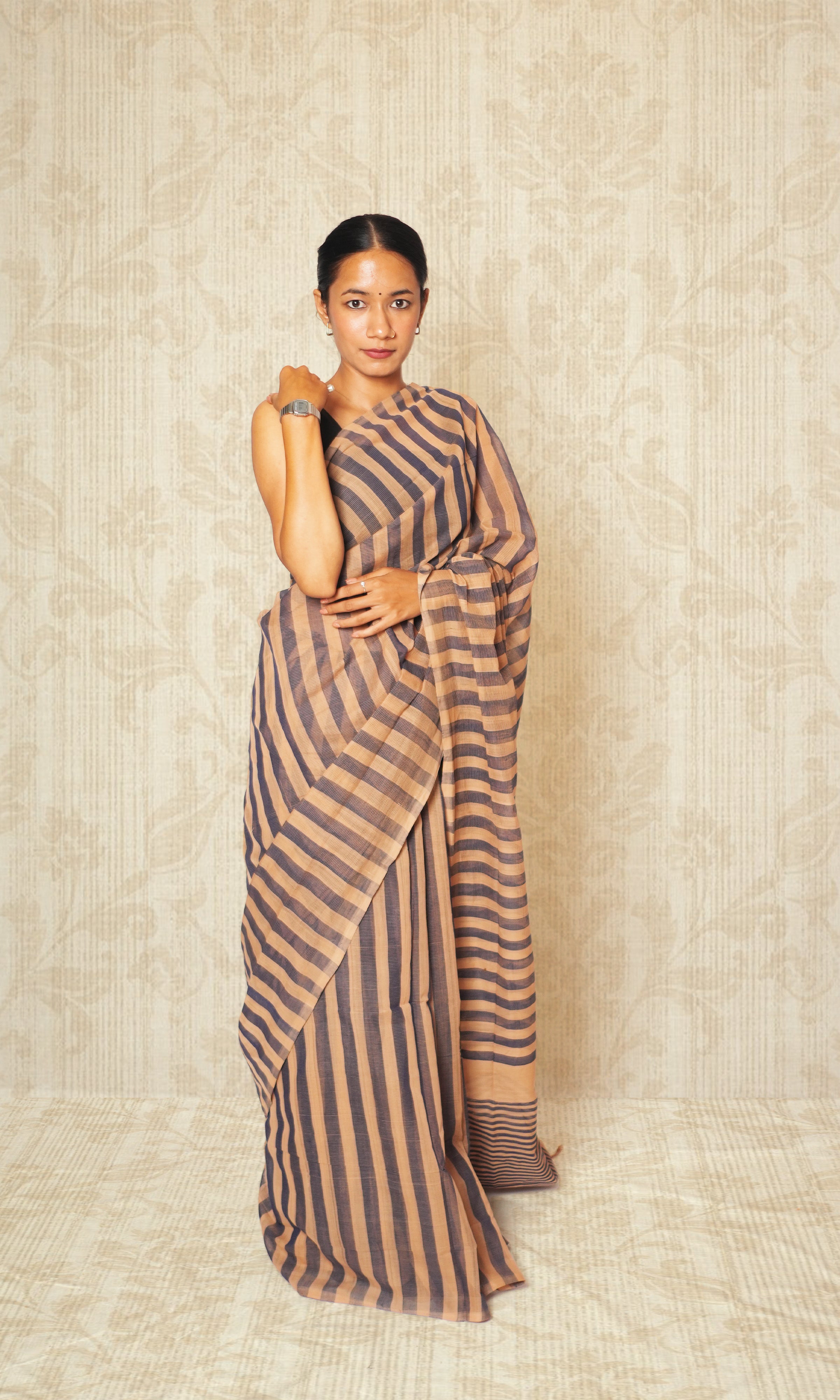 Latte & Black Stripe Godavari Saree With Blouse Piece