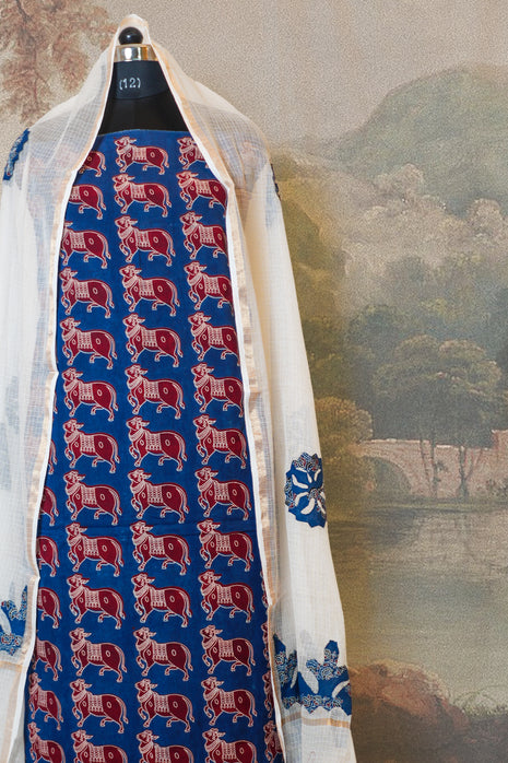 Blue & White Cotton Dress Material