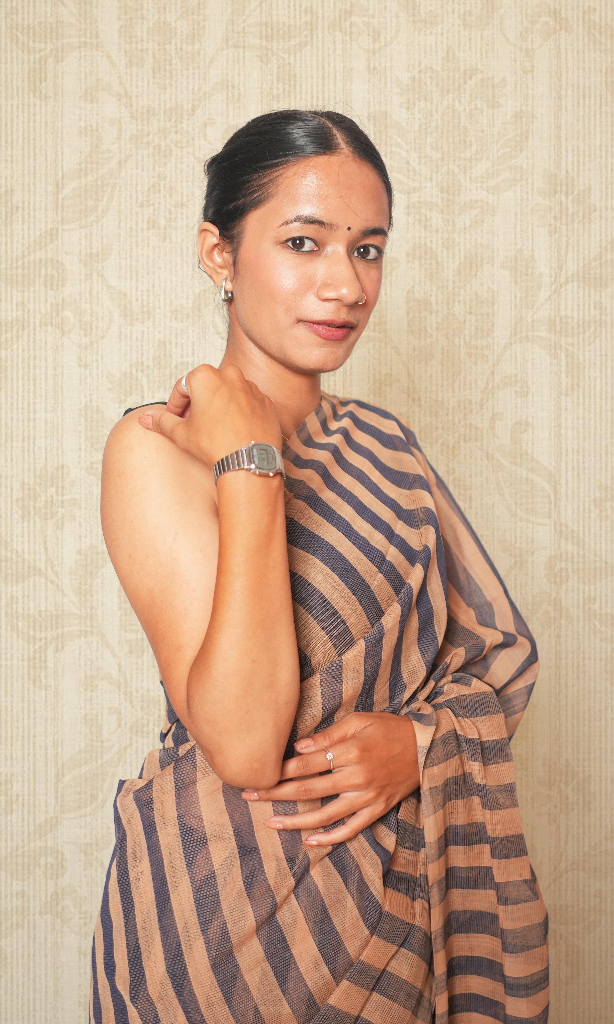 Latte & Black Stripe Godavari Saree With Blouse Piece