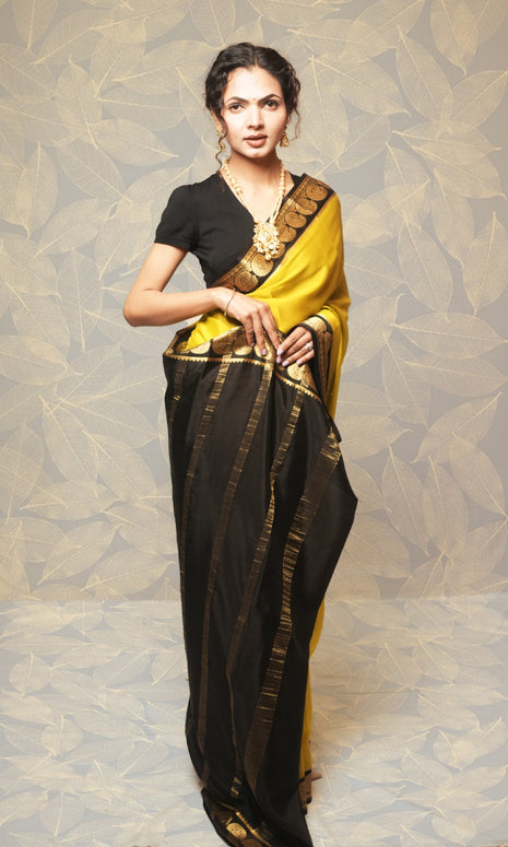 Deep Lemon Yellow And Black Mysore Silk Saree