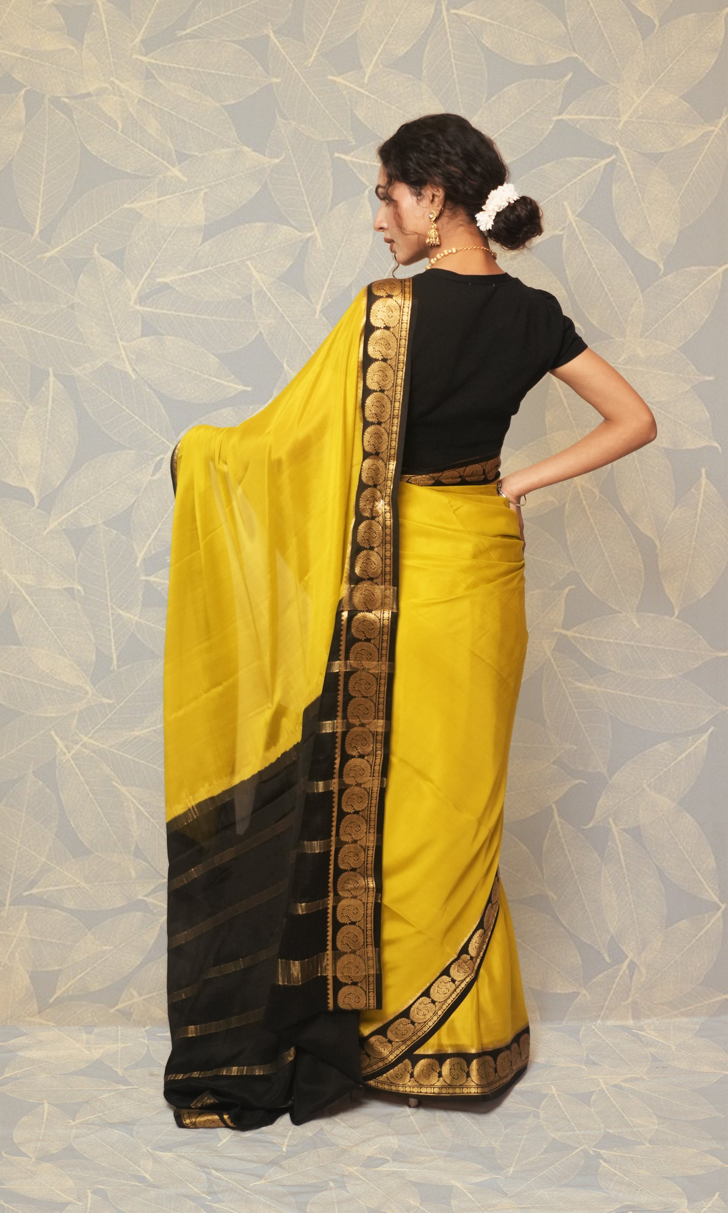 Deep Lemon Yellow And Black Mysore Silk Saree