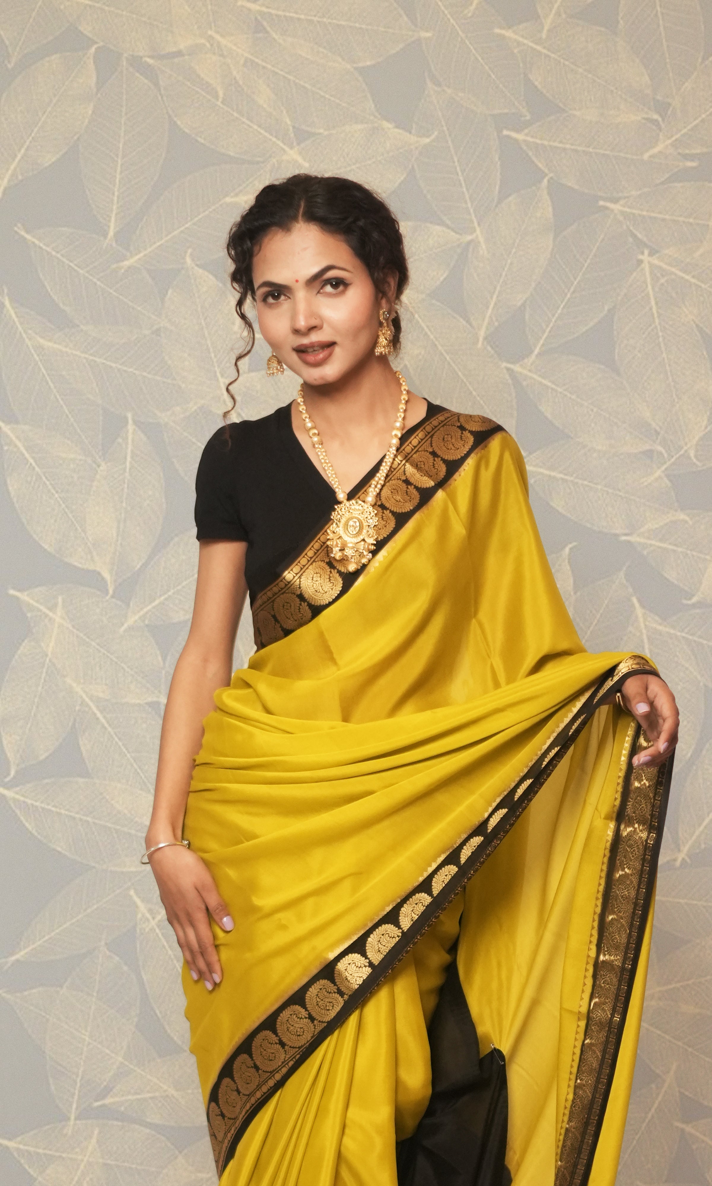 Deep Lemon Yellow And Black Mysore Silk Saree