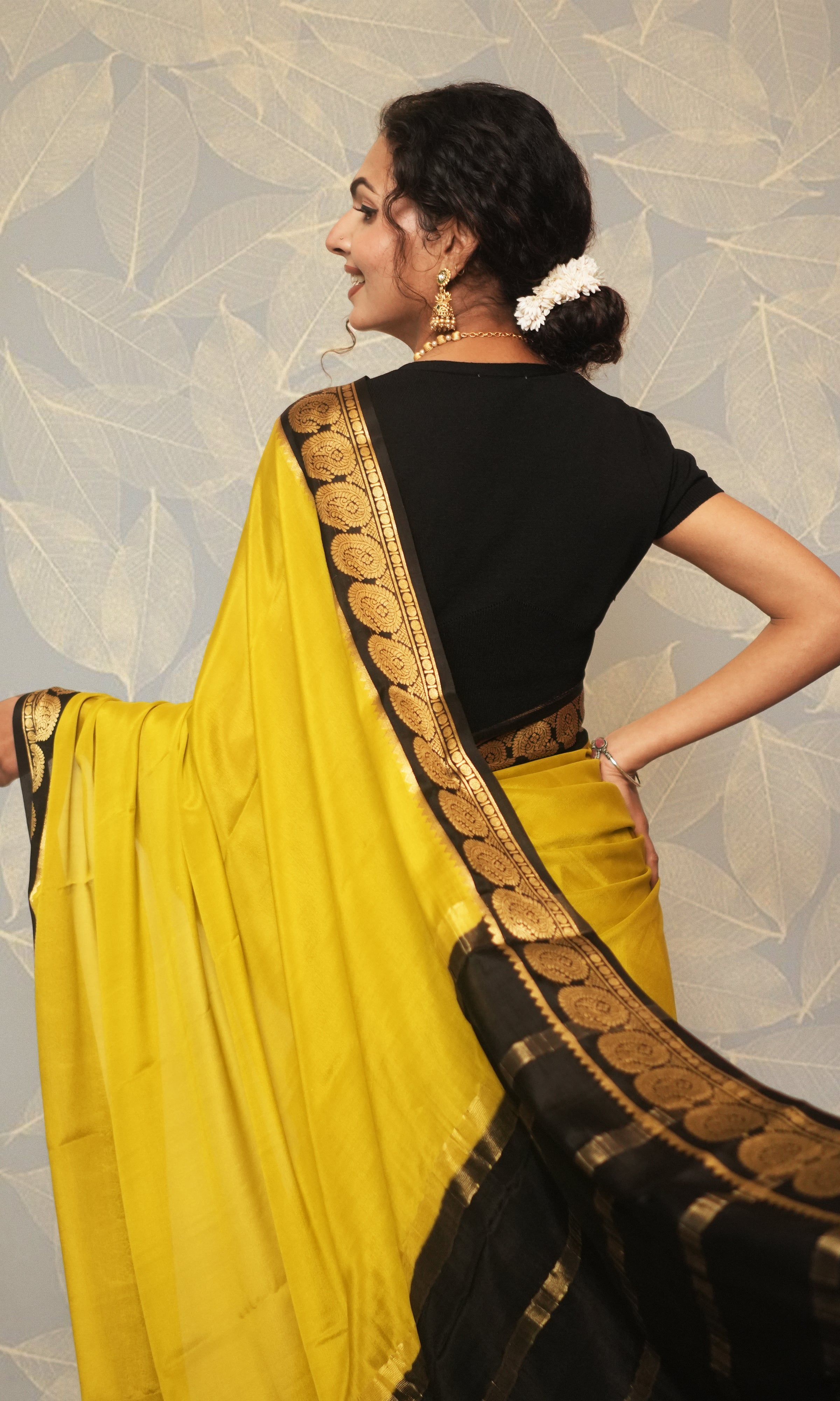 Deep Lemon Yellow And Black Mysore Silk Saree