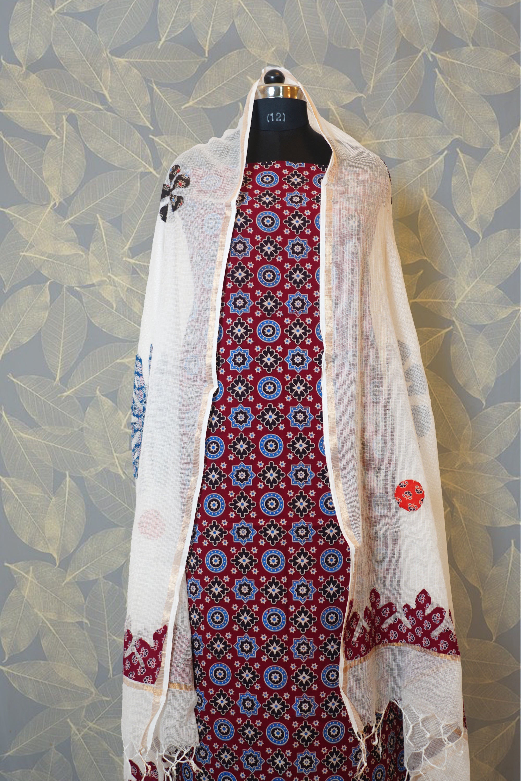 Red, Blue & White Cotton Dress Material
